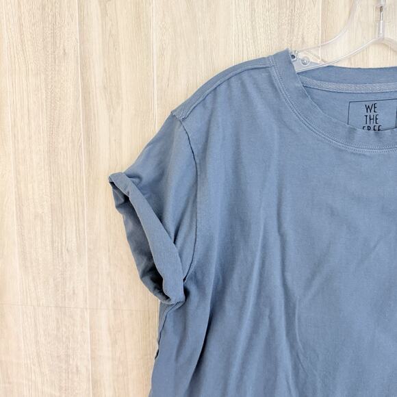 We The Free People Tee Shirt Women XL Blue Cropped Boxy Rolled Sleeve Raw Hem - Picture 4 of 10